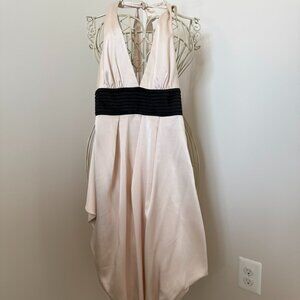 BCBGMaxAzira Corozo Cream Halter Dress w/Black Pleated Waist & Asymmetrical Hem